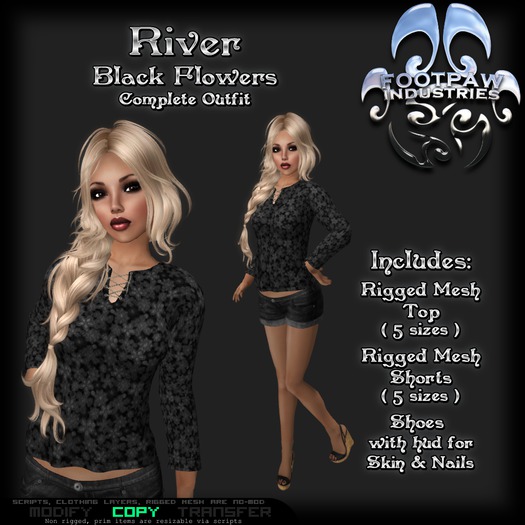 [FPI] River Flowers Black - Complete Female Outfit with rigged mesh top, shorts; mesh shoes with feet & Hud