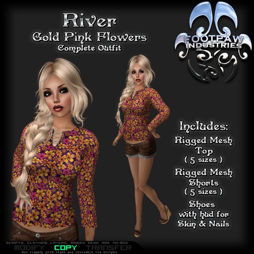 [FPI] River Flowers GoldPink - Complete Female Outfit with rigged mesh top, shorts; mesh shoes with feet & Hud