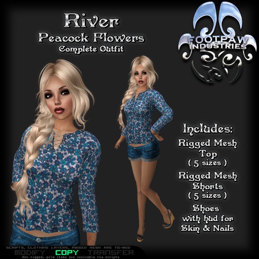 [FPI] River Flowers Peacock - Complete Female Outfit with rigged mesh top, shorts; mesh shoes with feet & Hud