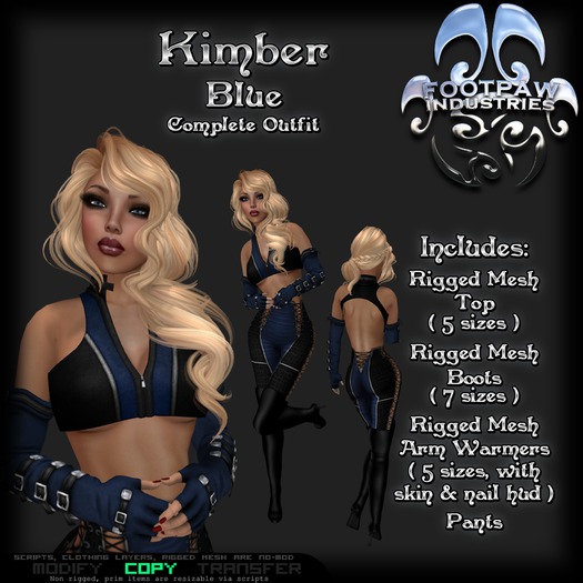 [FPI] Kimber Blue - Female Outfit = rigged mesh Top, Boots & Arm Warmers with hud for skin & nails, Pants