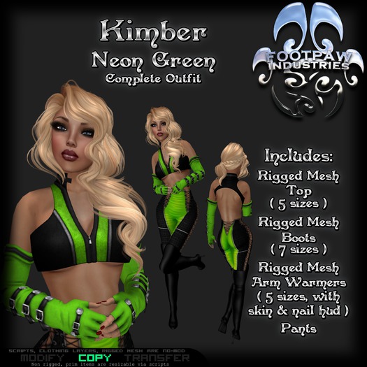 [FPI] Kimber NeonGreen - Female Outfit = rigged mesh Top, Boots & Arm Warmers with hud for skin & nails, Pants