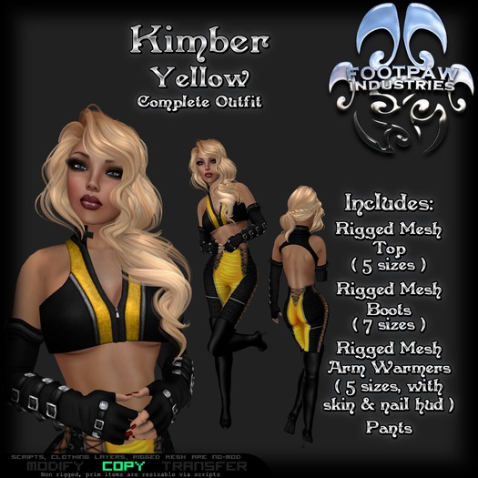 [FPI] Kimber Yellow - Female Outfit = rigged mesh Top, Boots & Arm Warmers with hud for skin & nails, Pants