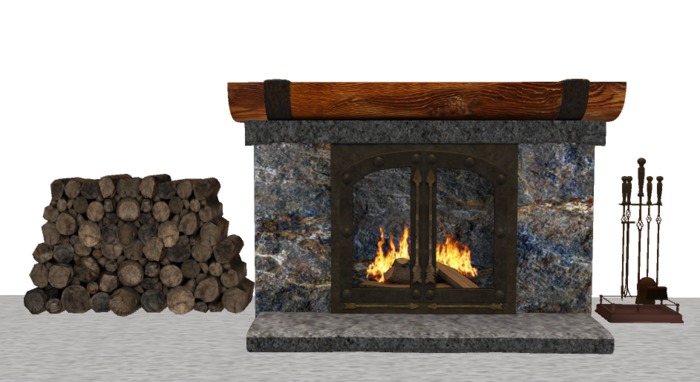 Rustic Fireplace with Wood Pile and Fireplace Tool Set - Copy/Mod