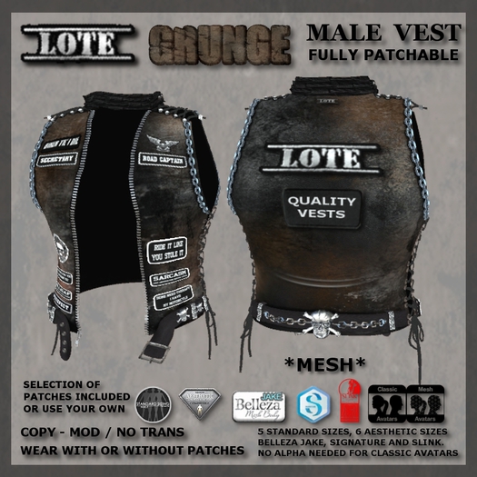 LOTE - MALE GRUNGE LEATHER PATCHABLE VEST (boxed)