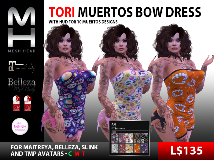 Mesh Head - Tori Muertos Bow Dress - SLINK / BELLEZA / MAITREYA / TMP