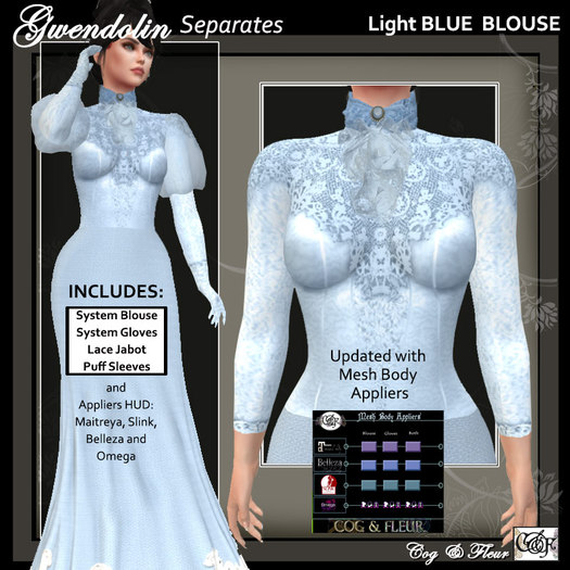 C&F Gwendolin Separates 2 Blouse, Gloves & Jabot w Appliers LT Blue