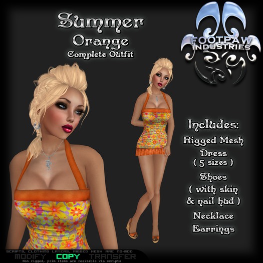 [FPI] Summer Orange - Female Outfit = rigged mesh flower Halter dress, Shoes, Necklace, Earrings