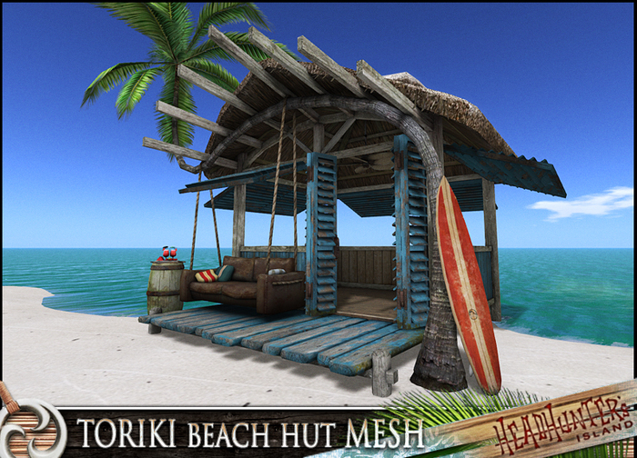 HeadHunter's Island - TORIKI beach hut set v1.2 - brown and blue - 36 multianimations - hanging sofa/palm tree/surfboard