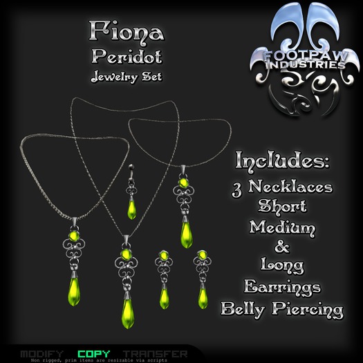 [FPI] Fiona Peridot - Gemstone Jewelry Set = 3 Necklaces: short, medium & long, Earrings, Belly piercing