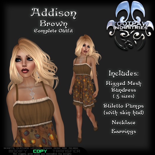 [FPI] Addison Brown - Female Outfit = Mesh Sundress, Stiletto Shoes & Skin hud, with Jewelry, Necklace & Earrings