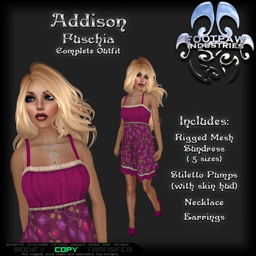 [FPI] Addison Fuschia - Female Outfit = Mesh Sundress, Stiletto Shoes & Skin hud, with Jewelry, Necklace & Earrings