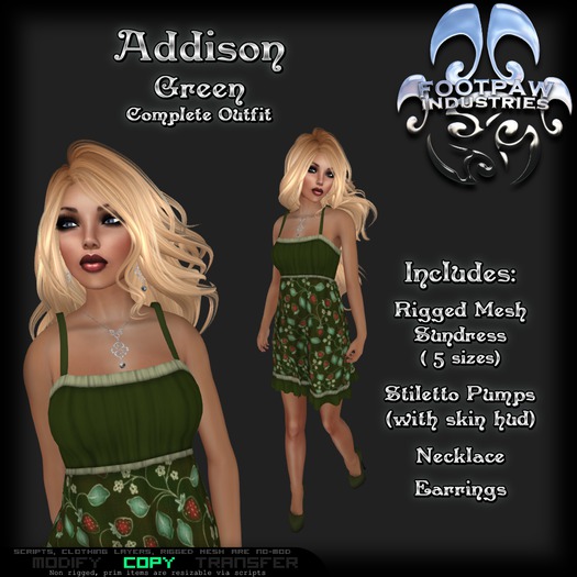 [FPI] Addison Green - Female Outfit = Mesh Sundress, Stiletto Shoes & Skin hud, with Jewelry, Necklace & Earrings