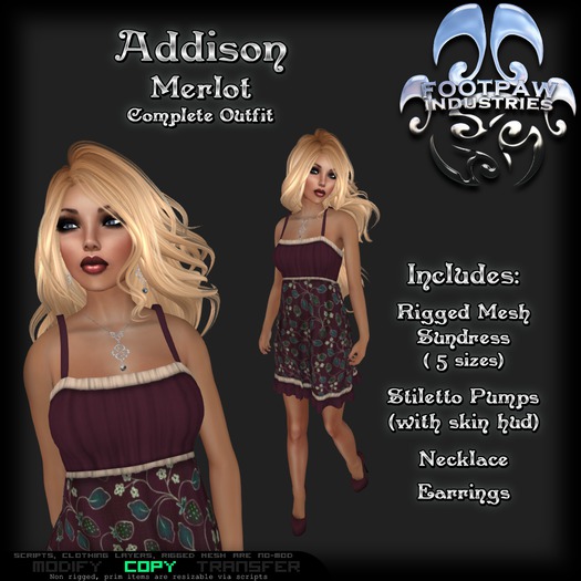 [FPI] Addison Merlot - Female Outfit = Mesh Sundress, Stiletto Shoes & Skin hud, with Jewelry, Necklace & Earrings