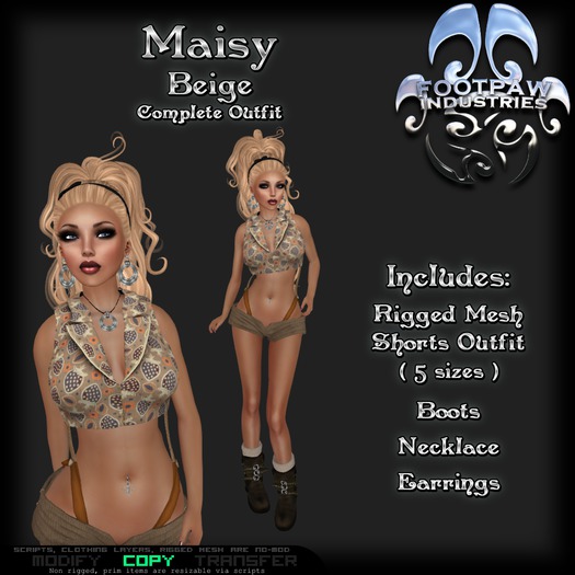 [FPI] Maisy Beige - Female Outfit = Mesh Suspender Shorts & Halter Top, boots, Necklace & Earrings
