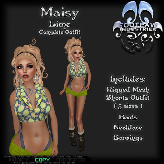 [FPI] Maisy Lime - Female Outfit = Mesh Suspender Shorts & Halter Top, boots, Necklace & Earrings