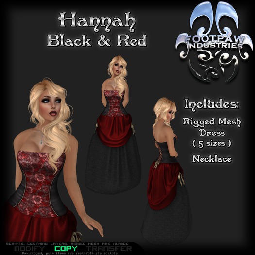 [FPI] Hannah Black Red - Female Outfit = Rigged Mesh Dress, Necklace, for a tavern wench, saloon girl or a formal dress 