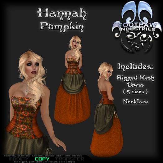 [FPI] Hannah Pumpkin- Female Outfit = Rigged Mesh Dress, Necklace, for a tavern wench, saloon girl or a formal dress 