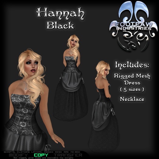[FPI] Hannah Black- Female Outfit = Rigged Mesh Dress, Necklace, for a tavern wench, saloon girl or a formal dress 