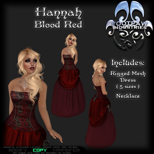 [FPI] Hannah BloodRed- Female Outfit = Rigged Mesh Dress, Necklace, for a tavern wench, saloon girl or a formal dress  