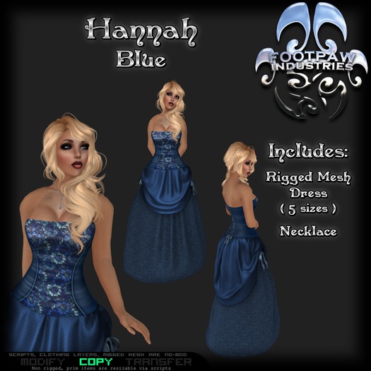 [FPI] Hannah Blue- Female Outfit = Rigged Mesh Dress, Necklace, for a tavern wench, saloon girl or a formal dress  