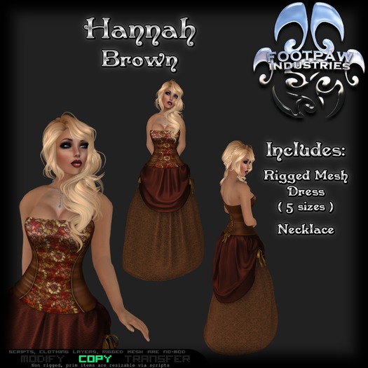 [FPI] Hannah Brown- Female Outfit = Rigged Mesh Dress, Necklace, for a tavern wench, saloon girl or a formal dress  