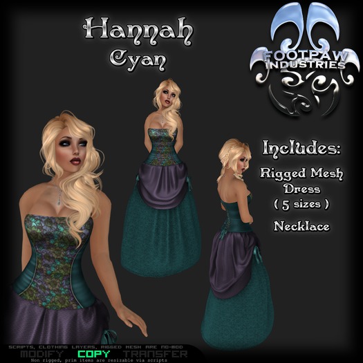 [FPI] Hannah Cyan- Female Outfit = Rigged Mesh Dress, Necklace, for a tavern wench, saloon girl or a formal dress  