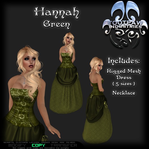 [FPI] Hannah Green- Female Outfit = Rigged Mesh Dress, Necklace, for a tavern wench, saloon girl or a formal dress  