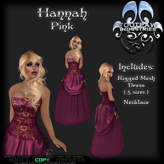 [FPI] Hannah Pink- Female Outfit = Rigged Mesh Dress, Necklace, for a tavern wench, saloon girl or a formal dress  