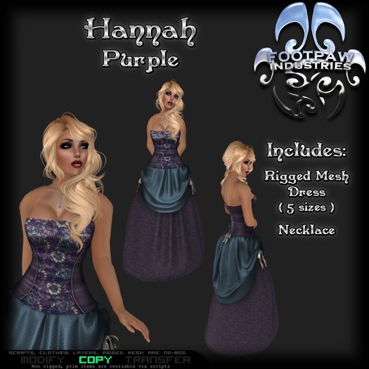 [FPI] Hannah Purple- Female Outfit = Rigged Mesh Dress, Necklace, for a tavern wench, saloon girl or a formal dress  