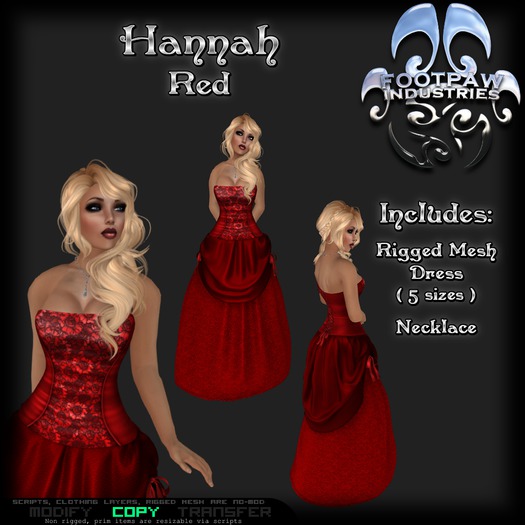 [FPI] Hannah Red- Female Outfit = Rigged Mesh Dress, Necklace, for a tavern wench, saloon girl or a formal dress  