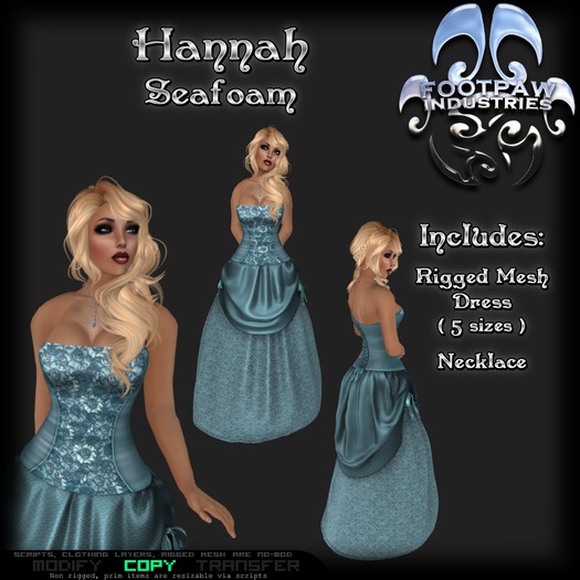 [FPI] Hannah Seafoam- Female Outfit = Rigged Mesh Dress, Necklace, for a tavern wench, saloon girl or a formal dress  