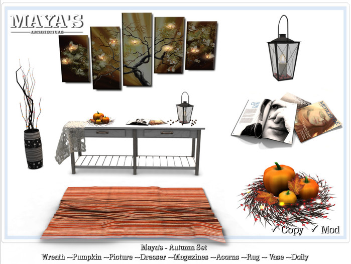 Mayas - Wreath,Pumpkin,Picture, Dresser, Magazines,Acorns, Rug
