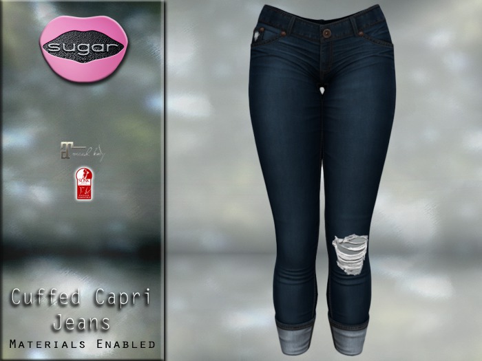 :-:SUGAR:-: Cuffed Capri Jeans {DARK BLUE TORN}