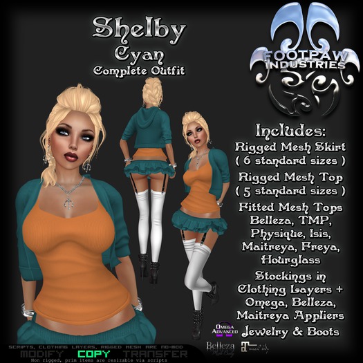 [FPI] Shelby Cyan = Rigged Mesh skirt & Top, Classic & Applier stockings & Garters, Stiletto Boots, Jewelry