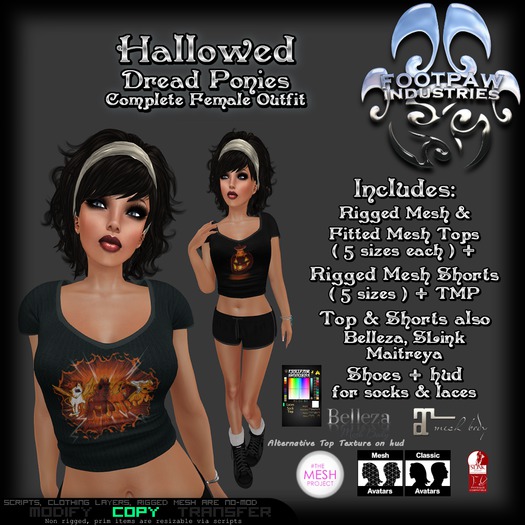 [FPI] Hallowed Dread Ponies = Rigged Mesh Top & Shorts, Shoes with Hud for socks & Laces for mesh & Classic Avatars