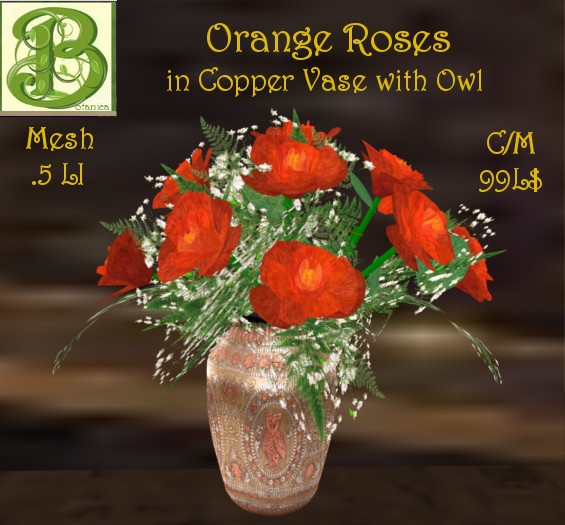 Mesh Orange Roses in a Copper Vase with Owl, .5LI