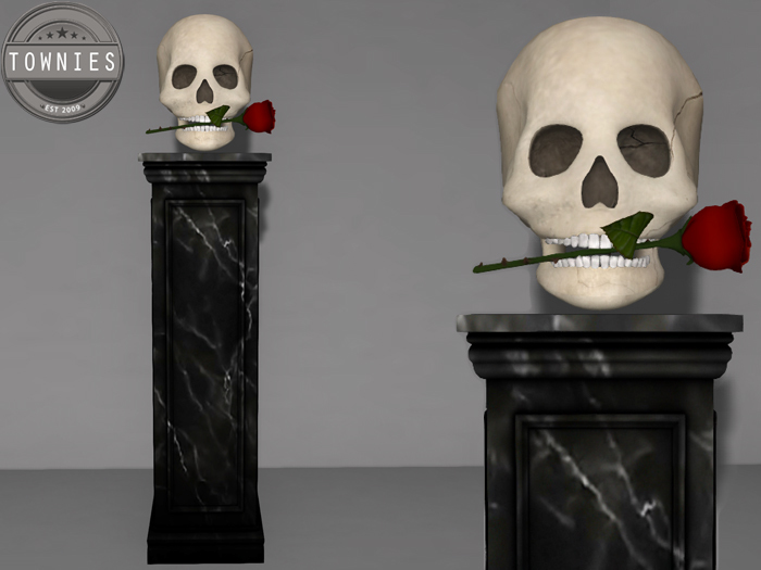 Townies BW Gothic Rose Skull Marble Pedestal