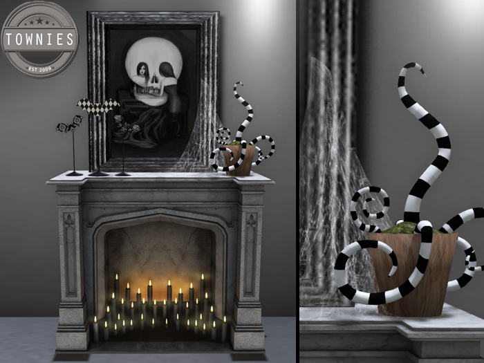 Townies Black White Gothic Rose Candle Fireplace