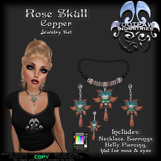 [FPI] Rose Skull Copper - Jewelry Set = Necklace, Earrings, Belly piercing & Color Hud