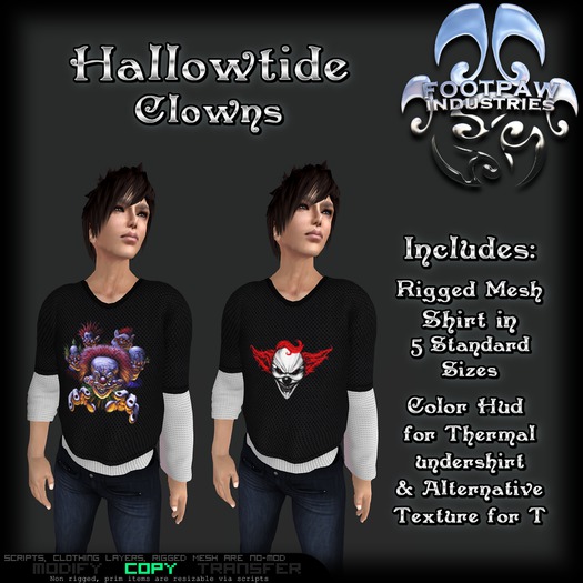 [FPI] Hallowtide Clowns = Rigged Mesh Male Top with color hud for Thermal Shirt & alternative T Texture