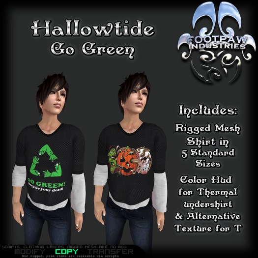 [FPI] Hallowtide Go Green = Rigged Mesh Male Top with color hud for Thermal Shirt & alternative T Texture