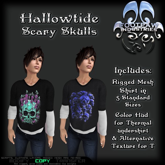 [FPI] Hallowtide Scary Skulls = Rigged Mesh Male Top with color hud for Thermal Shirt & alternative T Texture