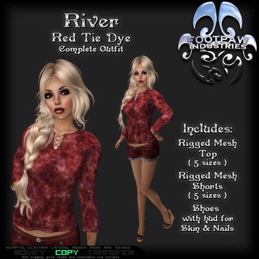 [FPI] River Red Tie Dye - female outfit = Rigged Mesh Top & Shorts, Wedge shoes with hud for skin & nails