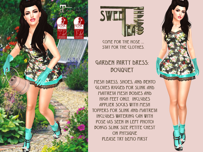 Sweet Tea Garden Party Dress: Bouquet  for Maitreya and Slink, includes pose and bento gloves  - new release sale