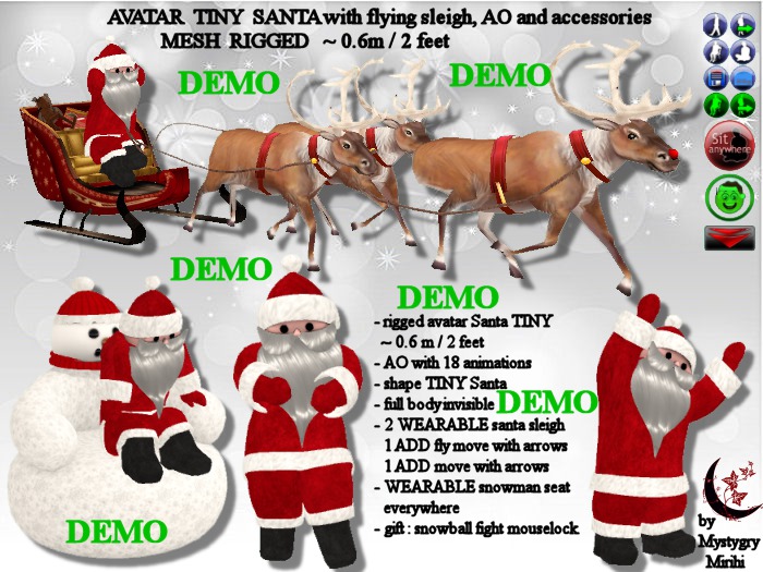 DEMO Avatar TINY SANTA mesh rigged,AO,flying sleigh wearable