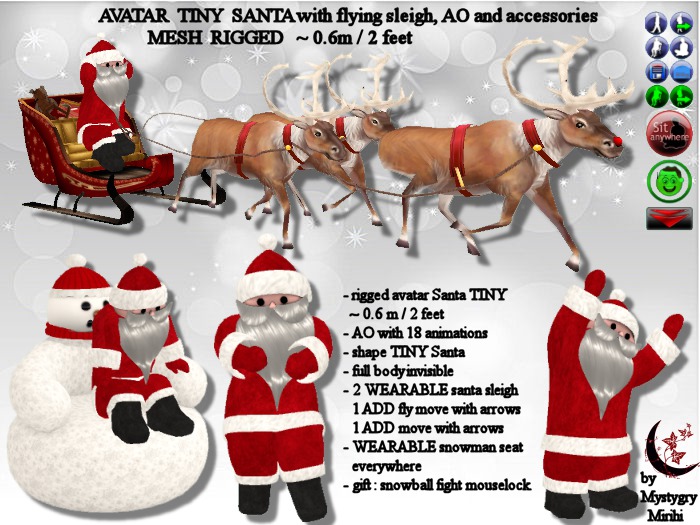 Avatar TINY SANTA mesh rigged 0.6 m / 2 feet,AO 18 animations,flying sleigh wear all over move with arrows, snowman seat