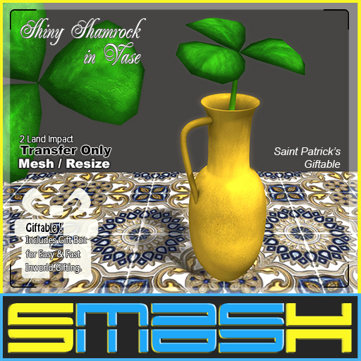 Second Life Marketplace SMASH Shiny Shamrock in Vase (Giftable)