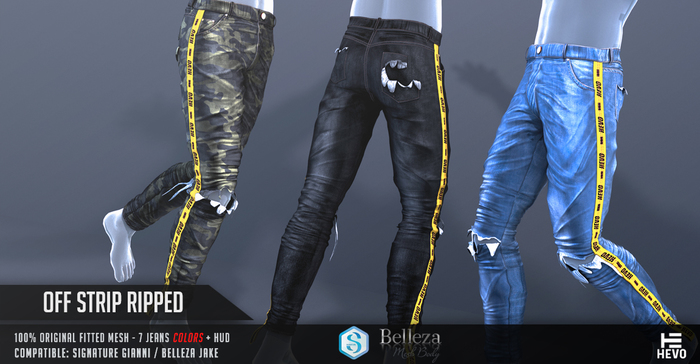 HEVO - Off Strip Ripped Jeans Lite Blue B.