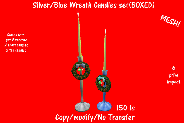 Silver/Blue Wreath Candles set(BOXED)