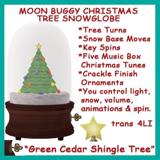 Moon Buggy Christmas Musical Snow Globe Green Cedar Shingle Tree